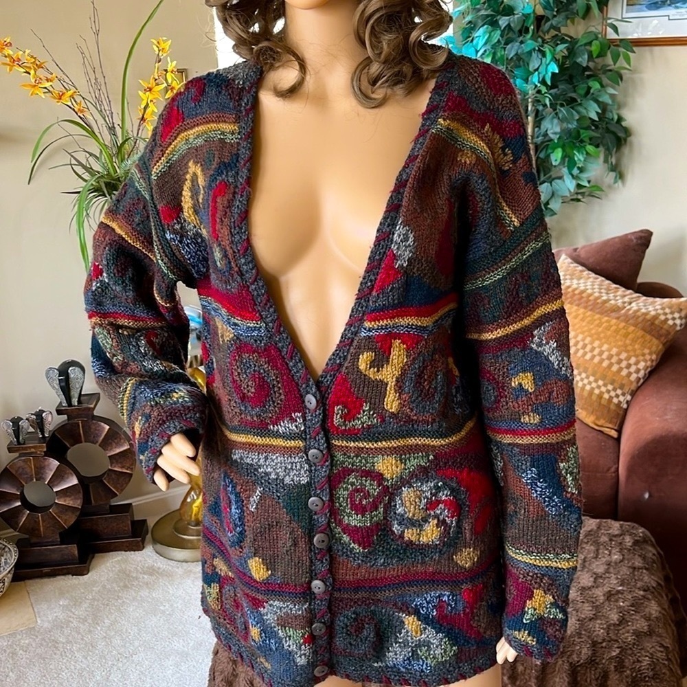 Peruvian Connection 100% Wool Cardigan Sweater Bu… - image 3